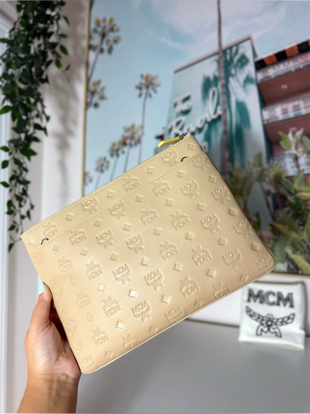 MCM Klara Beige Monogram Leather Crossbody Pouch Lime Trim NWOT $530 Retail